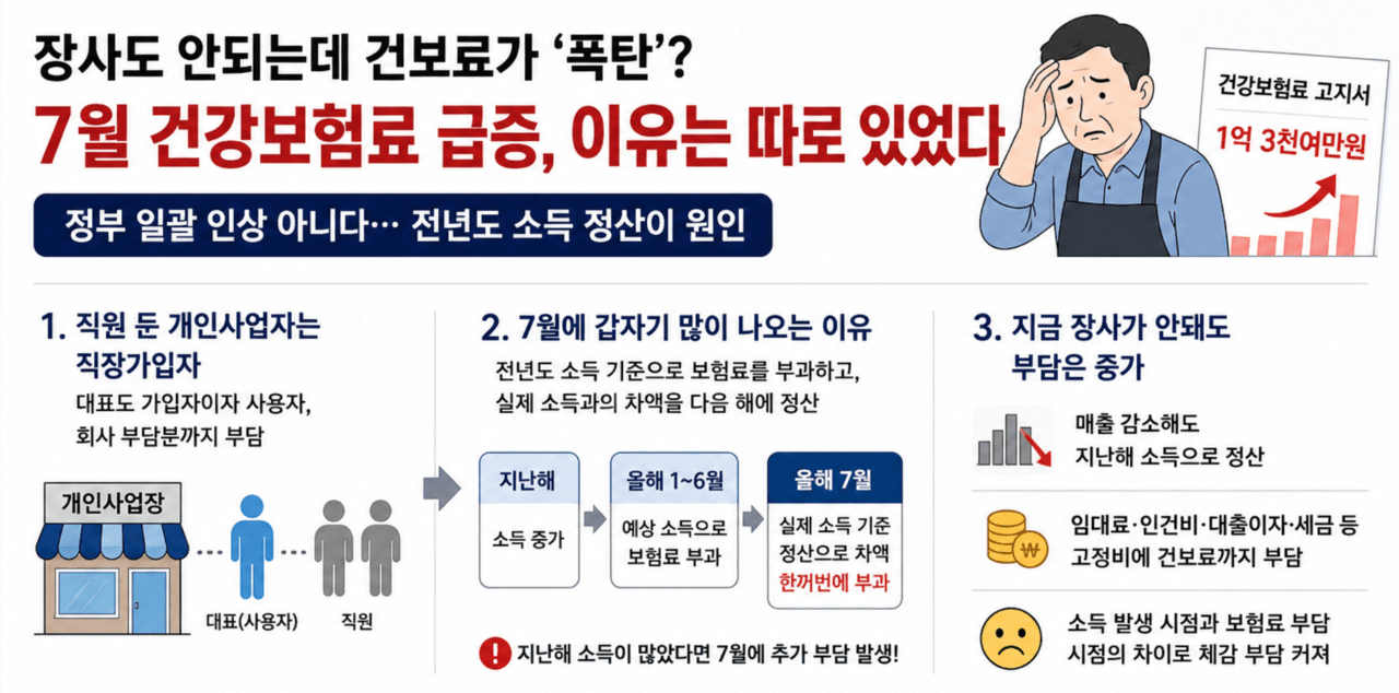 장사도 안되는데 건보료까지”…7월 건강보험료 급증, 이유는 따로 있었다 장사도 안되는데 건보료까지”…7월 건강보험료 급증, 이유는 따로 있었다