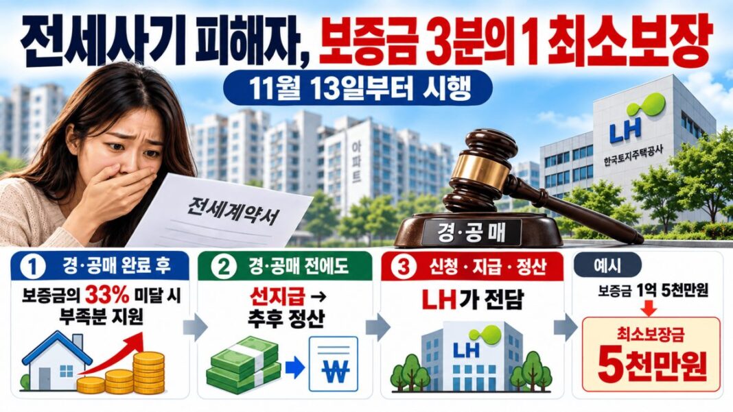 전세사기 피해자 보증금 3분의 1 최소 보장… 11월 13일 ‘선지급·후정산’ 본격 시행 전세사기 피해자 보증금 3분의 1 최소 보장… 11월 13일 ‘선지급·후정산’ 본격 시행